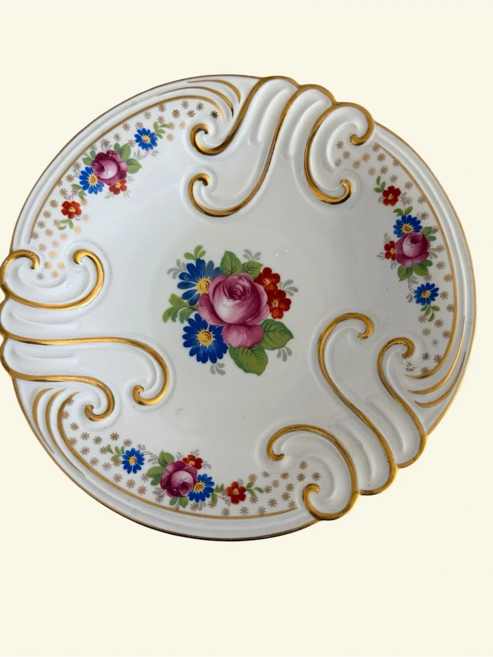 Vintage German Dresden style Porcelain Floral Dish with Gold Scrollwork